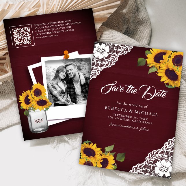 Save The Date Code QR de mariage photo Tournesol Bourgogne (Créateur téléchargé)