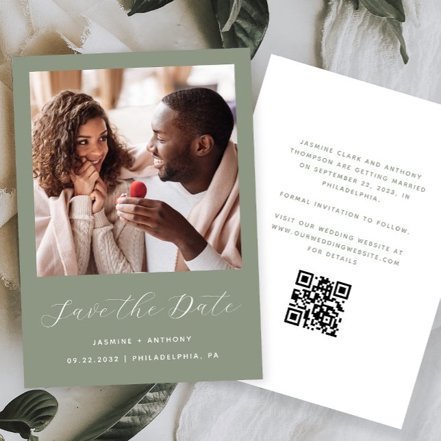 Save The Date Code QR de Minimal One Photo Script Vert Sauge (Créateur téléchargé)