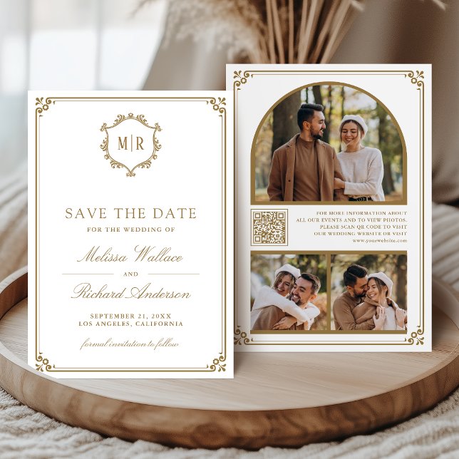Save The Date Code QR de monogramme Photo Collage Blanc Or Maria (Créateur téléchargé)