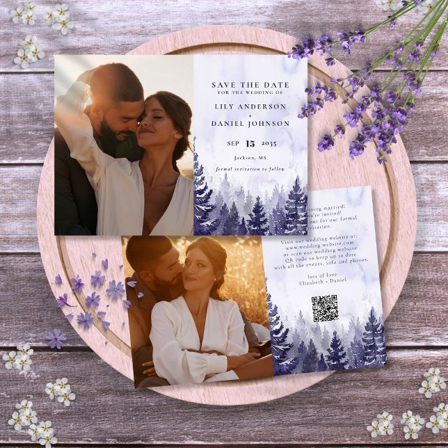 Save The Date Code QR de photo de forêt de pins aquarelle rustiq (Purple Rustic Watercolor Pine Forest Photo QR Code Save The Date)