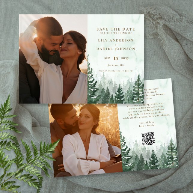 Save The Date Code QR de photo de forêt de pins aquarelle rustiq (Rustic Watercolor Pine Forest Photo QR Code Save The Date)