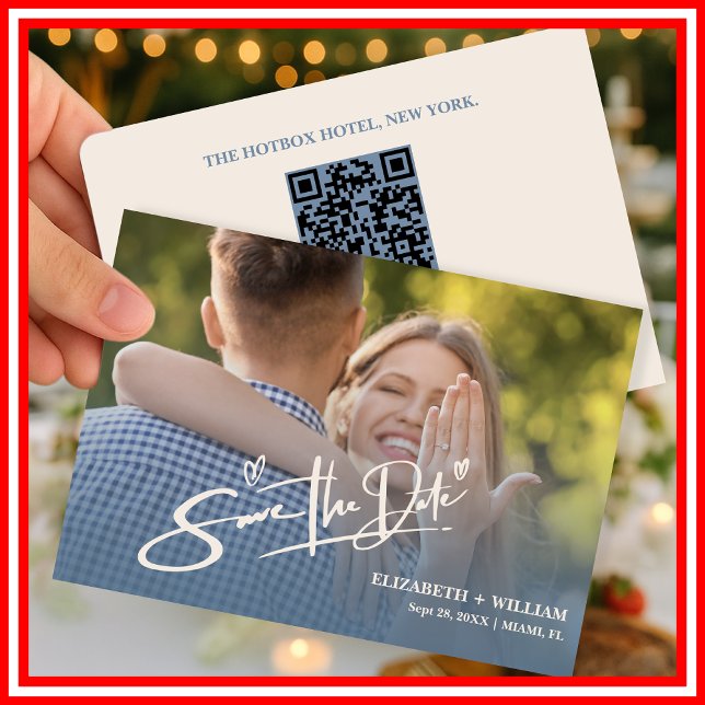 Save The Date Code QR de photo de mariage bleu poussiéreux éléga (Créateur téléchargé)