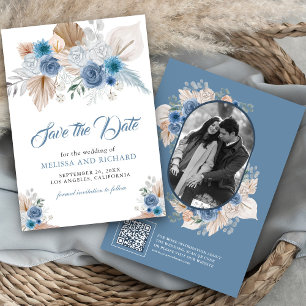 Save The Date Code QR de photo de Pampas Boho floral bleu poussi