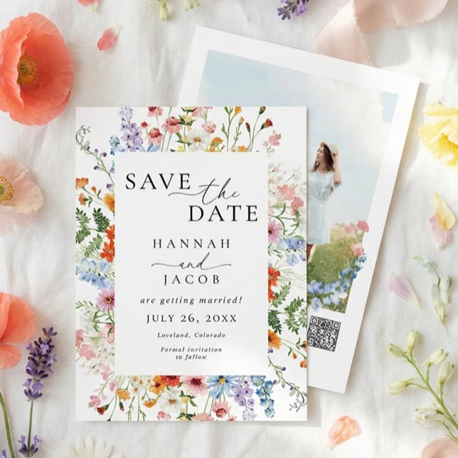 Save The Date Code QR de photo florale élégante de fleur sauvage (Créateur téléchargé)