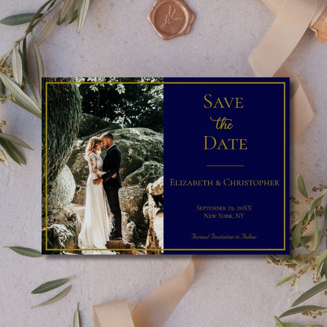 Save The Date Code QR de photo mariage élégant bleu marine or (Photo Navy Blue Gold Wedding Save the Date Card)