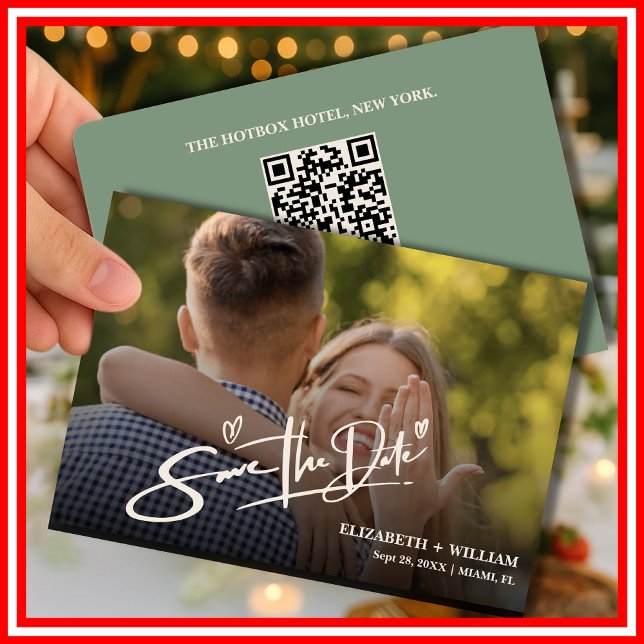 Save The Date Code QR de photo vert sauge | Mariage Moderne (Créateur téléchargé)