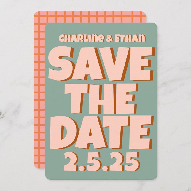 Save The Date code QR de sauvegarde de date rétro funky bleu ros (Créateur téléchargé)
