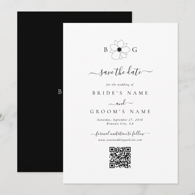 Save The Date Code QR du Mariage de monogramme à main fleur sauv (Devant / Derrière)