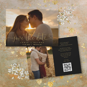 Save The Date Code QR du Mariage de photo Gold Heart Script