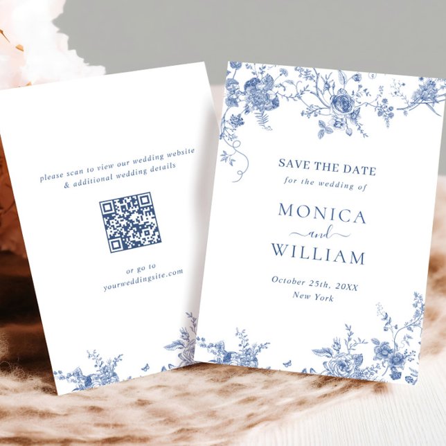 Save The Date Code QR du Mariage Floral Bleu de Victoria (Créateur téléchargé)