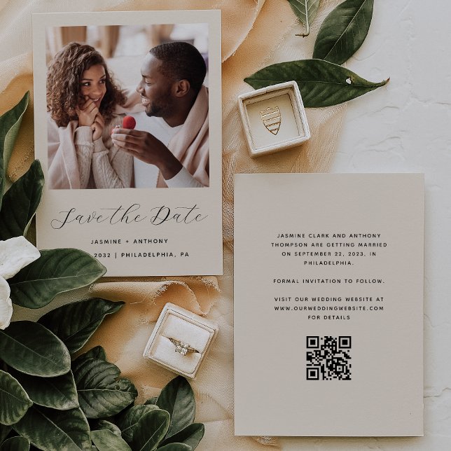 Save The Date Code QR du script minimal d'une photo Beige (Créateur téléchargé)