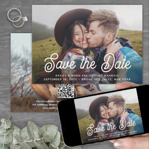 Save The Date Code QR Élégant Écriture Rétro Deux Photos Mariage