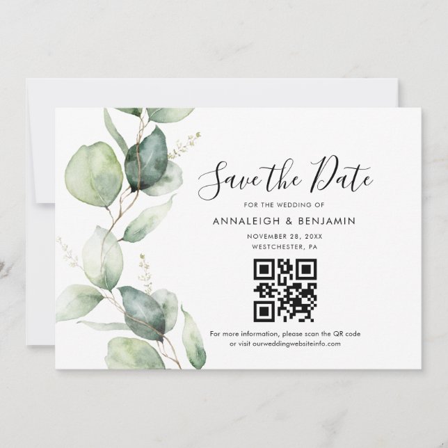 Save The Date Code QR Élégant Eucalyptus pour Mariage Enregistre (Devant)