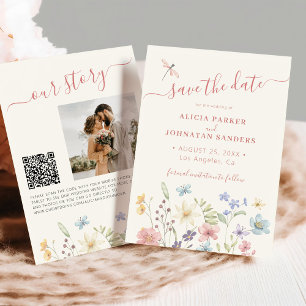 Save The Date Code QR élégant floral fleur sauvage photo mariage