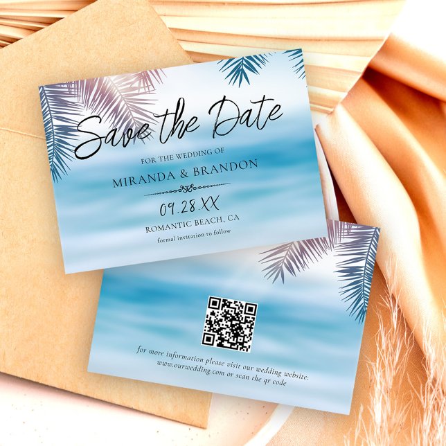 Save The Date Code QR Élégant Mariage Tropical Palmier Océan Pla (Créateur téléchargé)