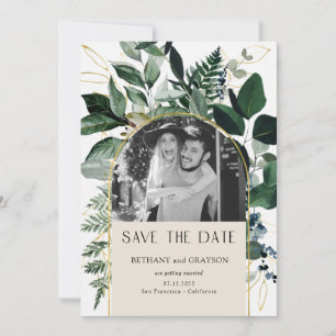Save The Date Code QR Elégante botanique Green photo Mariage
