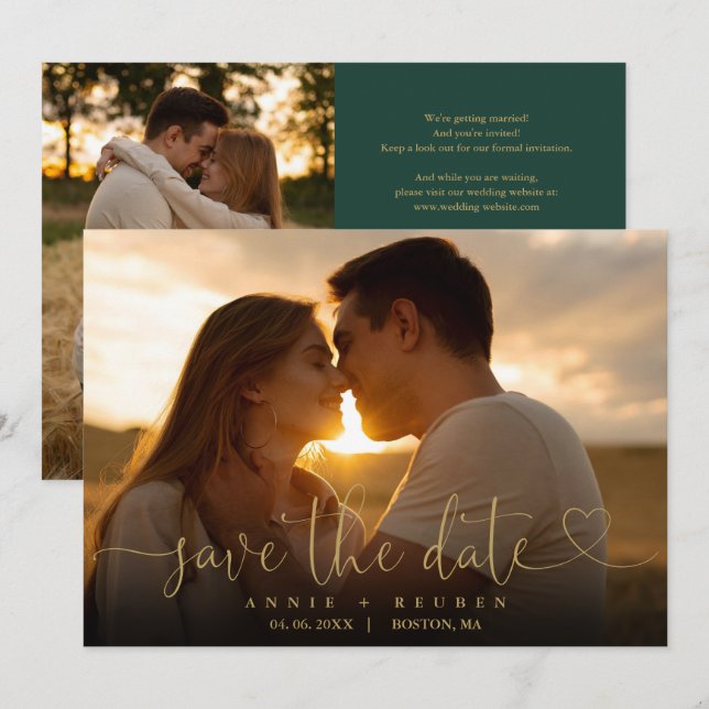 Save The Date Code QR Emerald And Gold Script Photo Mariage (Devant / Derrière)