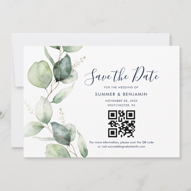 Save The Date Code QR et mariage à la verdure d'eucalyptus (Devant)