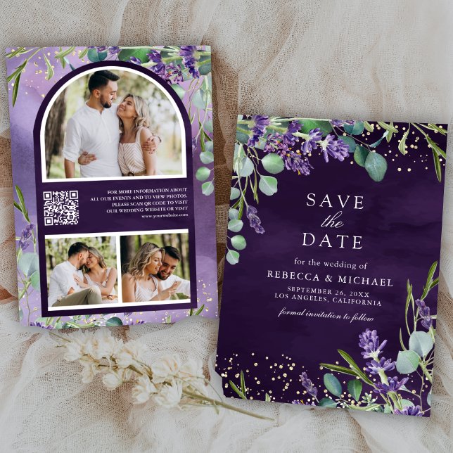 Save The Date Code QR Eucalyptus Lavande Photo Mariage Violet (Créateur téléchargé)