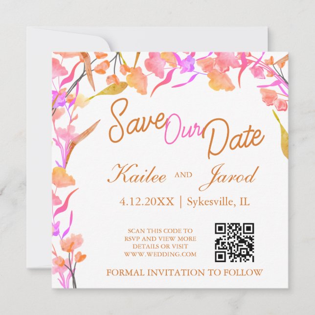 Save The Date Code QR Fleur sauvage rose et orange vif (Devant)