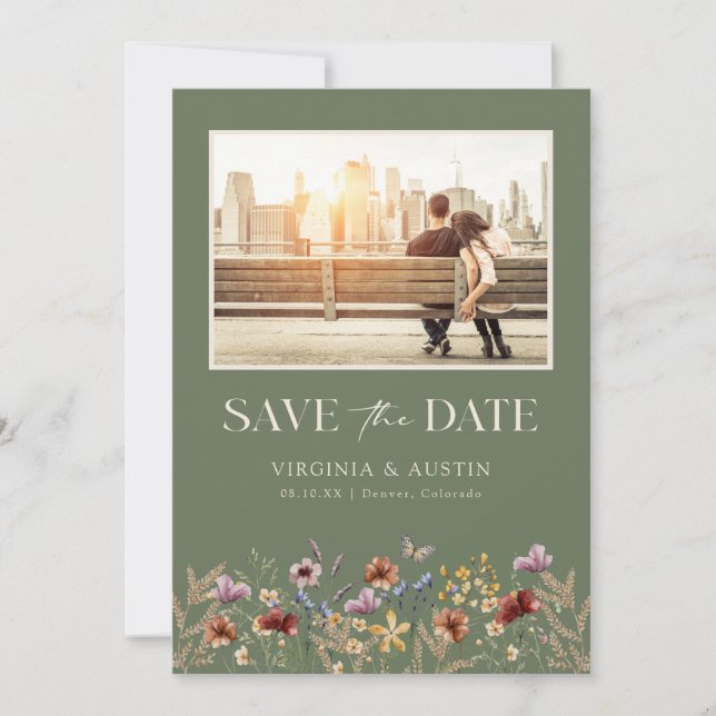 Save The Date Code QR Fleurs Photo Vertes Enregistrer La Date (Devant)