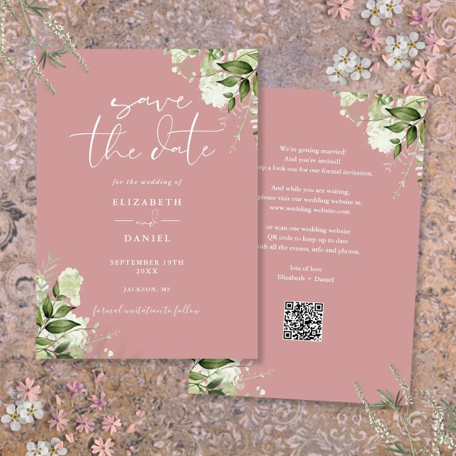 Save The Date Code QR Floral de verdure Rose Poussiéreuse de Mar (Dusty Rose Greenery Floral QR Code Wedding Save The Date)
