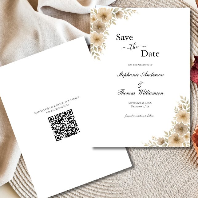 Save The Date Code QR floral élégant moderne gris crème beige (Beige Cream Gray Watercolor Florals Neutral Boho Wedding Save the Date card QR Code on back)