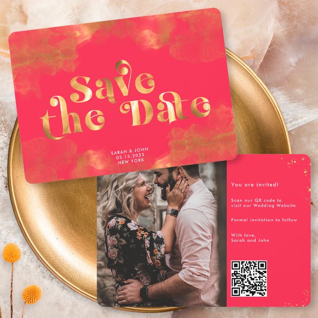 Save The Date Code QR Magenta Élégant Calligraphié en Or (Créateur téléchargé)