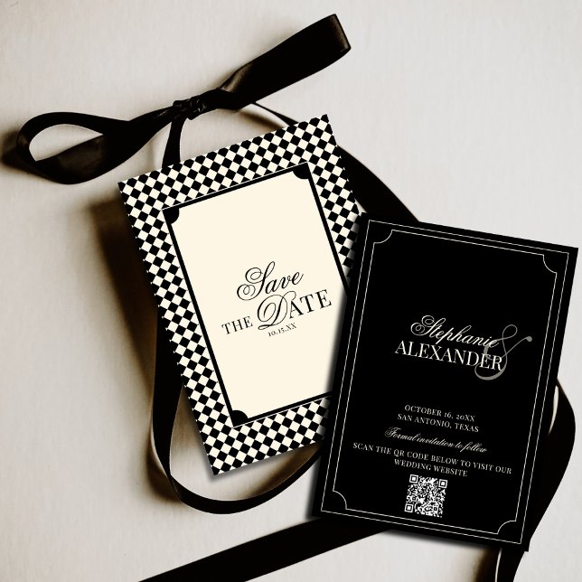 Save The Date Code QR Mariage Argent Ancien Damier Noir & Ivoire (Créateur téléchargé)