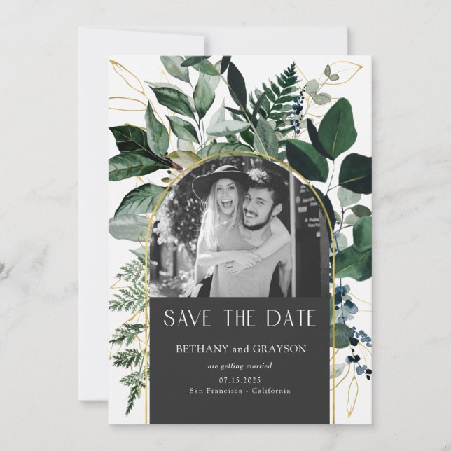 Save The Date Code QR mariage de photo Botanique Gris Stylish (Devant)
