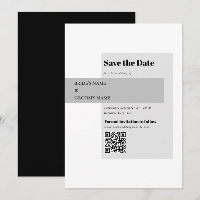 Save The Date Code QR Mariage noir et blanc moderne (Devant / Derrière)