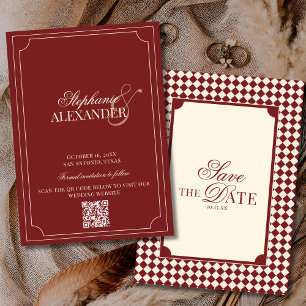 Save The Date Code QR Mariage Vieil Argent à Carreaux Rouge Fonc