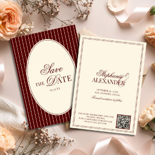 Save The Date Code QR Mariage Vieille Fortune Rayures Bourgogne