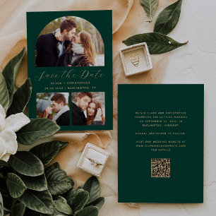 Save The Date Code QR minimum 3-Photo Emerald Green Gold