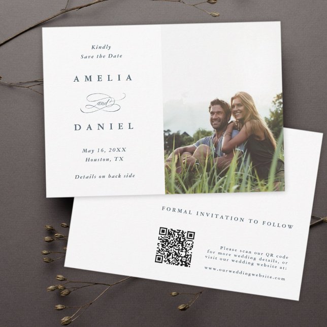 Save The Date Code QR Modern Photo Mariage Dusty Blue (Créateur téléchargé)