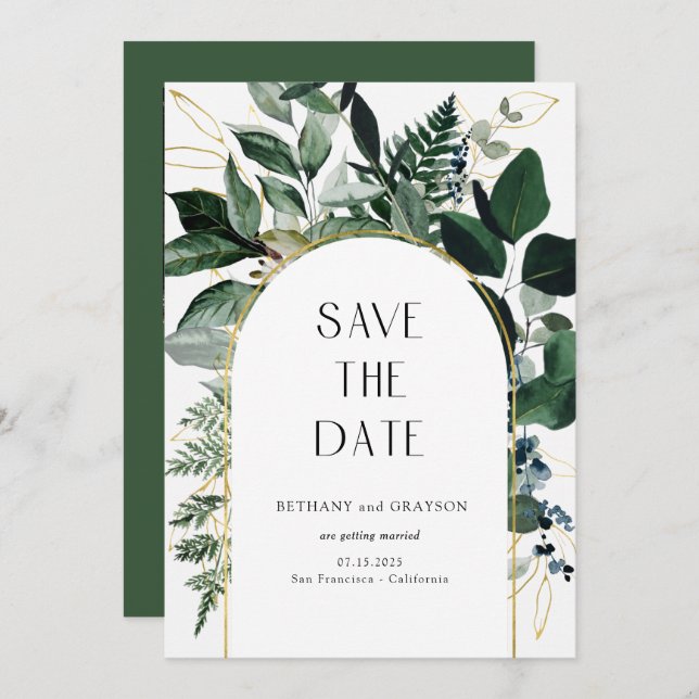Save The Date Code QR, Moderne Botanique vert jardin mariage (Devant / Derrière)