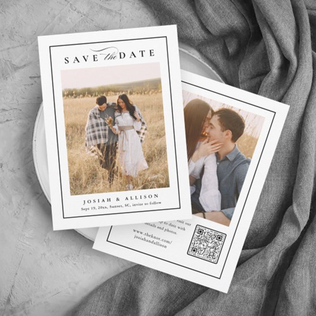 Save The Date Code QR Monogramme Classique 2 Photo Mariage (Elegant black and white 2 photo wedding save the date with QR code.)