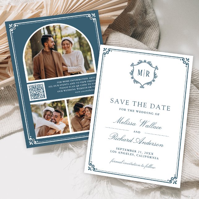 Save The Date Code QR Monogramme Photo Collage Bleu Poussiéreux  (Créateur téléchargé)