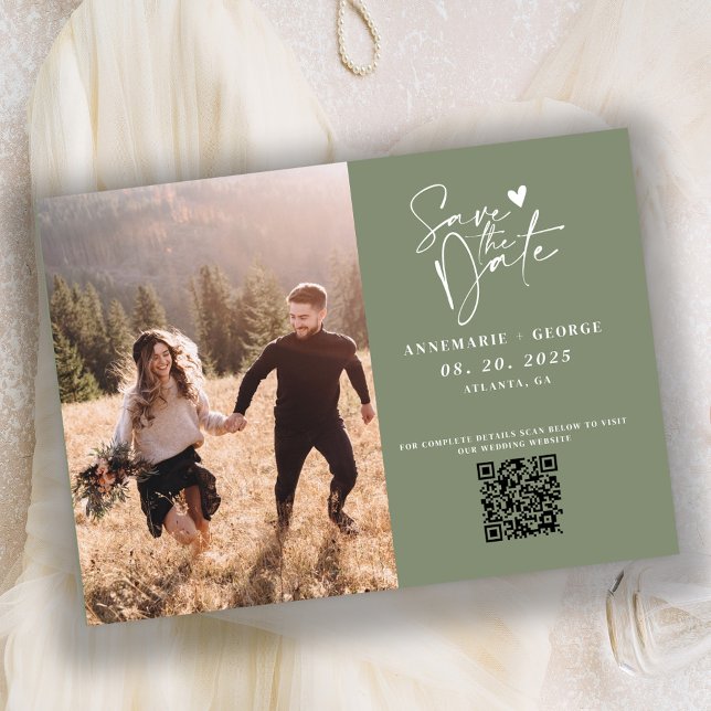 Save The Date Code QR photo calligraphie vert sauge moderne (Créateur téléchargé)