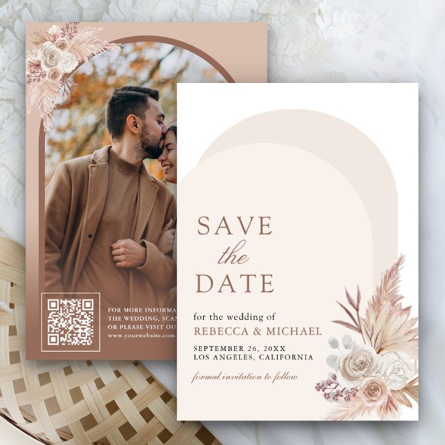 Save The Date Code QR photo d'arche de Pampas florale beige neut (Créateur téléchargé)