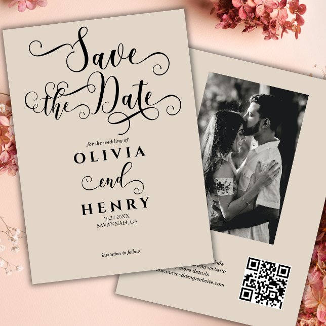 Save The Date Code QR photo d'écriture calligraphique romantique (Créateur téléchargé)