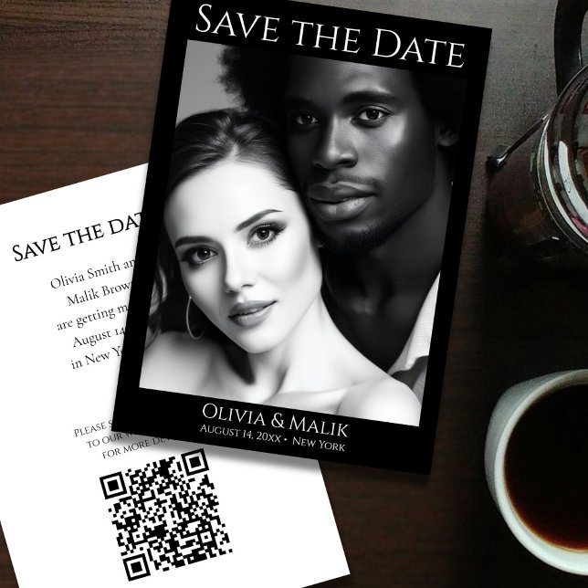 Save The Date Code QR Photo Enregistrer la Date (Modern Black & White Photo QR Code Save the Date - front and back)