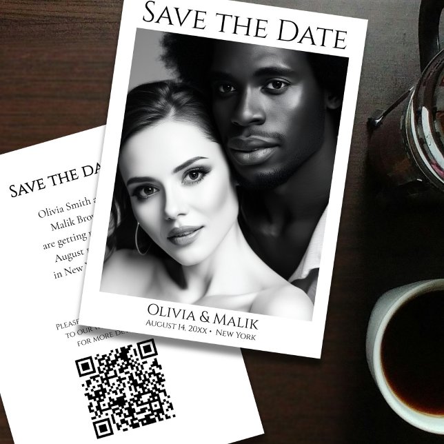 Save The Date Code QR Photo  Enregistrez la Date (Modern Black & White Photo QR Code Save the Date - front and back)