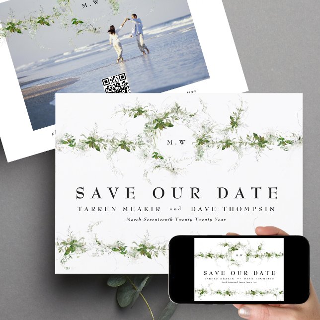 Save The Date Code QR | Photo Eucalyptus Wreath Monogram Mariage (Créateur téléchargé)
