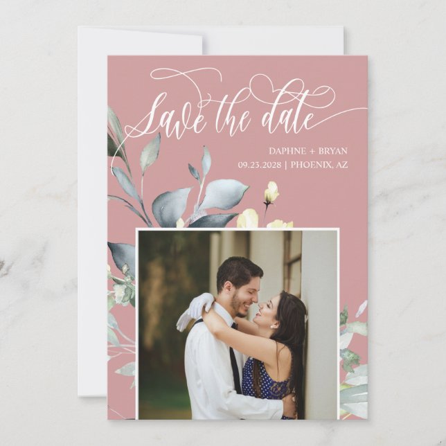 Save The Date Code QR Photo Feuilles Vertes Rose Poussiéreux Élé (Devant)