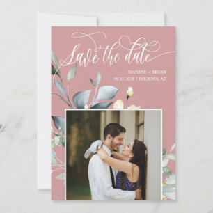 Save The Date Code QR Photo Feuilles Vertes Rose Poussiéreux Élé