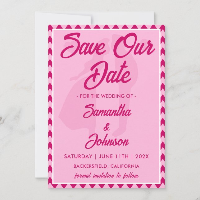 Save The Date Code QR photo moderne avec rayure chevron rose blu (Devant)