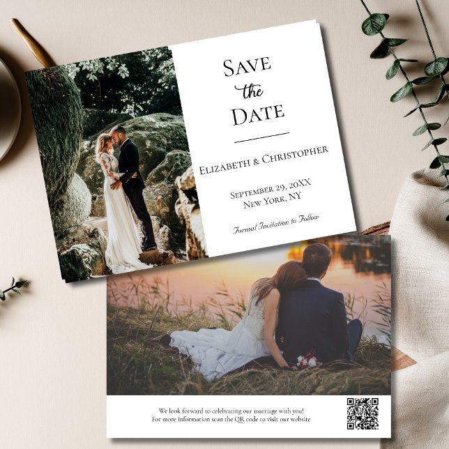 Save The Date Code QR photo noir blanc mariage élégant formel  (Photo QR Code elegant Black White Wedding Save the Date invitation Card)