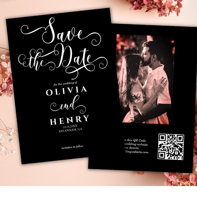 Save The Date Code QR photo noir écriture calligraphique romanti (Créateur téléchargé)