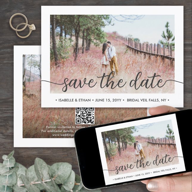 Save The Date Code QR Simple Écriture Manuscrite 2 Photo Mariage (Créateur téléchargé)